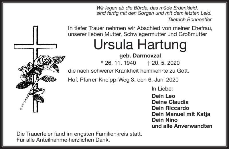  Traueranzeige für Ursula Hartung vom 06.06.2020 aus Frankenpost