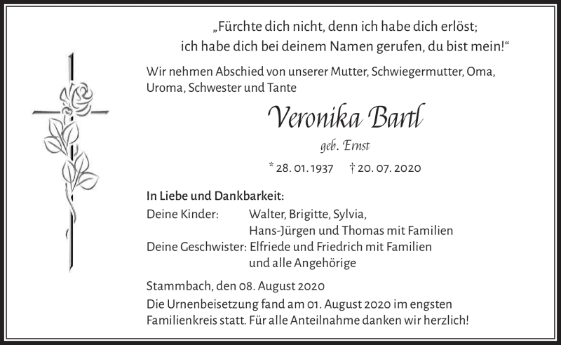  Traueranzeige für Veronika Bartel vom 08.08.2020 aus Frankenpost
