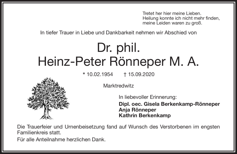 Traueranzeige für Heinz-Peter Rönneper vom 19.09.2020 aus Frankenpost