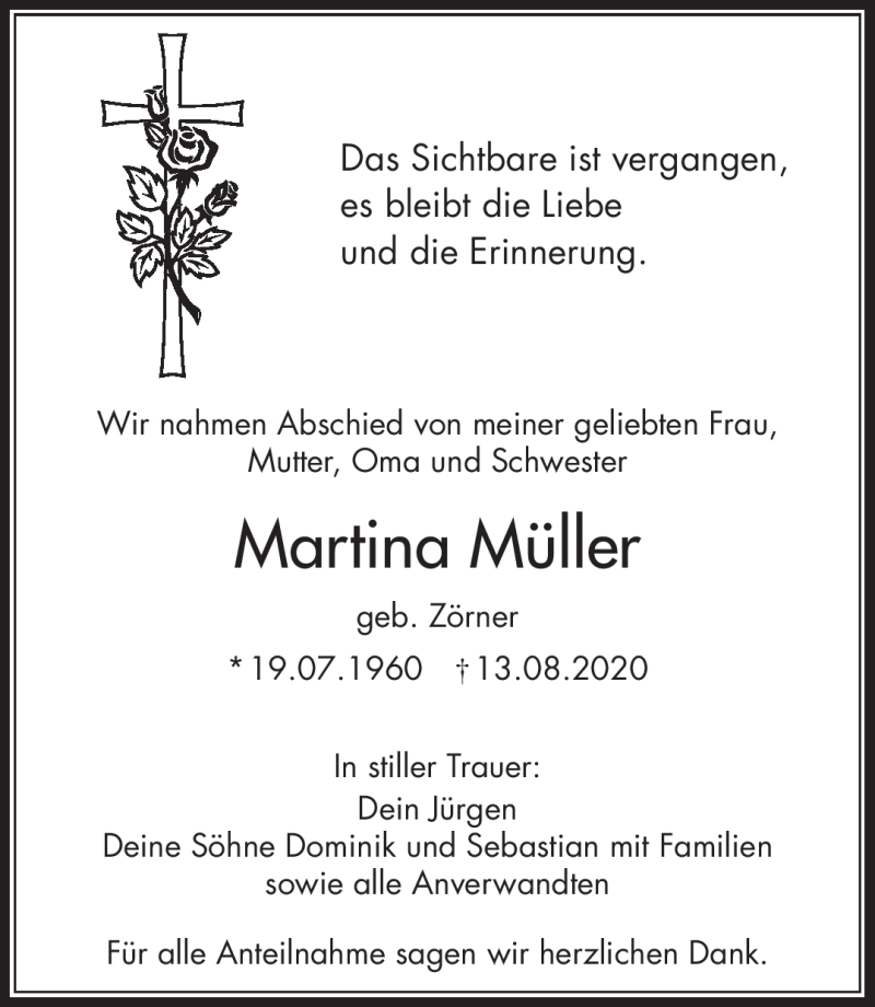  Traueranzeige für Martina Müller vom 19.09.2020 aus Frankenpost