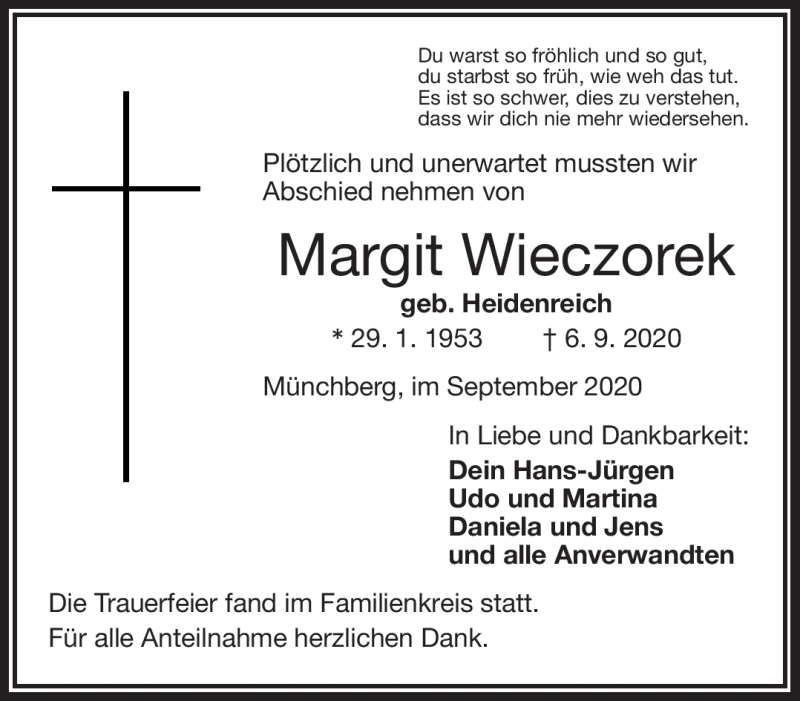  Traueranzeige für Margit Wieczorek vom 19.09.2020 aus Frankenpost