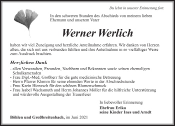 Traueranzeige von Werner Werlich von Südthüringer Presse