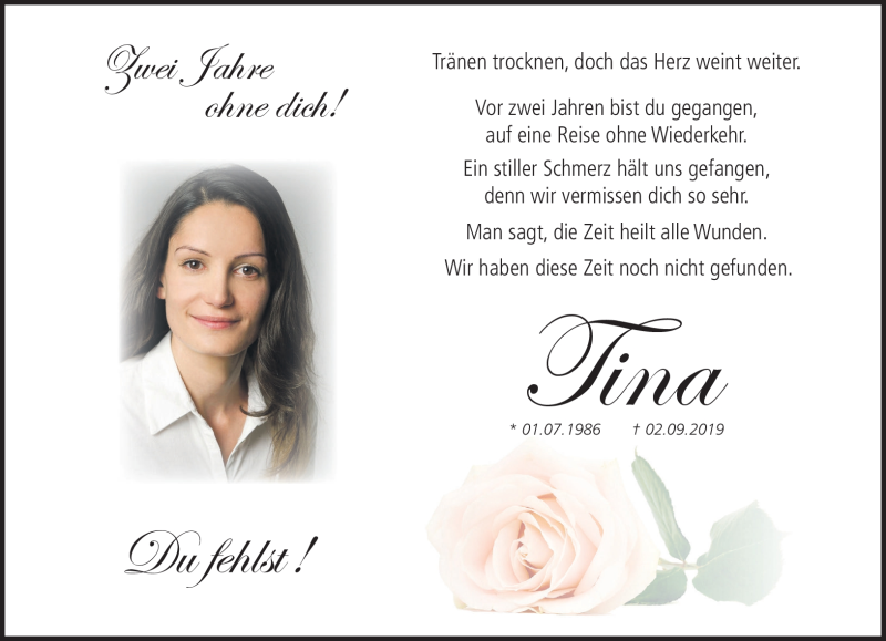  Traueranzeige für Tina Köhler vom 02.09.2021 aus Südthüringer Presse