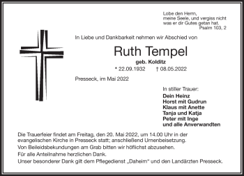 Traueranzeige von Ruth Tempel von Frankenpost