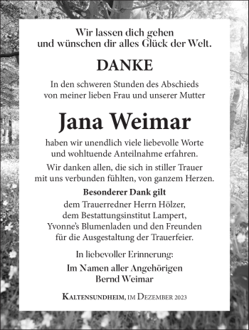 Traueranzeige von Jana Weimar von Südthüringer Presse