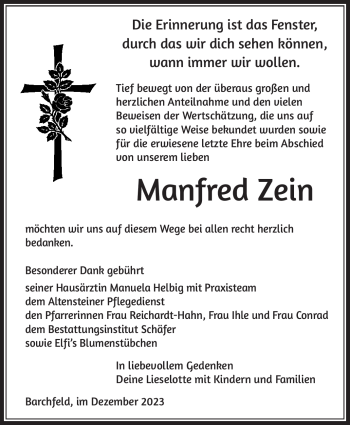 Traueranzeige von Manfred Zein von Südthüringer Presse