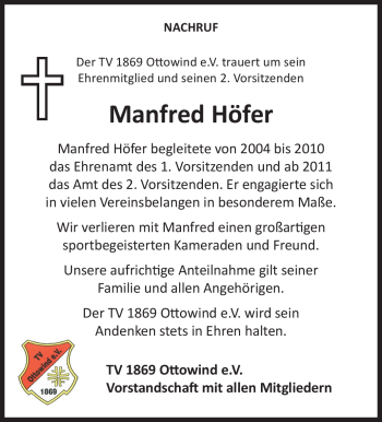 Traueranzeige von Manfred Höfer von 80048