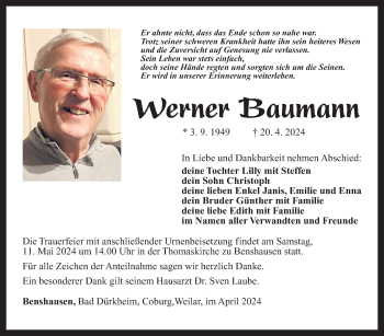Traueranzeige von Werner Baumann von Südthüringer Presse