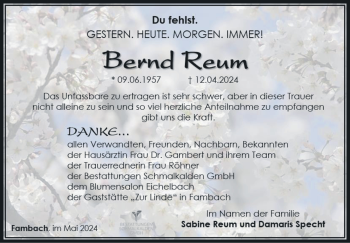 Traueranzeige von Bernd Reum von Südthüringer Presse