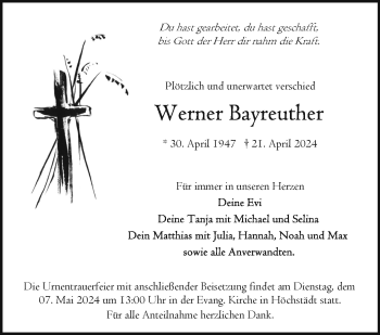 Traueranzeige von Werner Bayreuther von Frankenpost