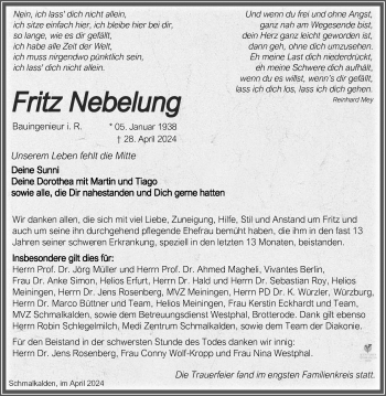 Traueranzeige von Fritz Nebelung von Südthüringer Presse