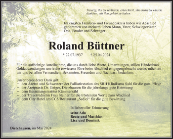 Traueranzeige von Roland Büttner von Südthüringer Presse