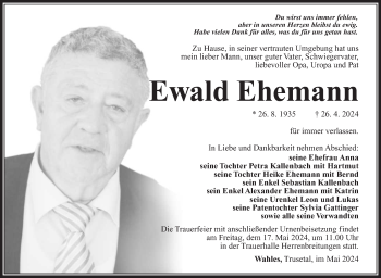 Traueranzeige von Ewald Ehemann von Südthüringer Presse