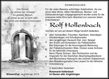 Traueranzeige von Rolf Hollenbach von Südthüringer Presse