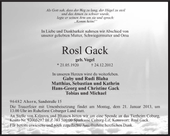 Traueranzeige von Rosl Gack von Neue Presse Coburg