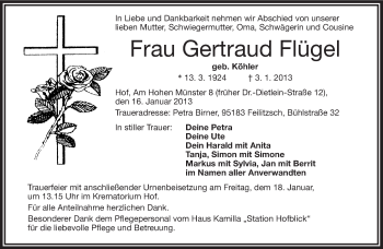 Traueranzeige von Gertraud Flügel von Frankenpost