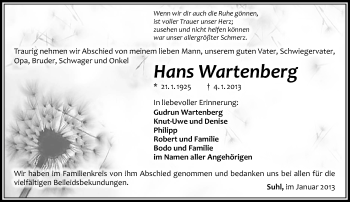 Traueranzeige von Hans Wartenberg von Südthüringer Presse