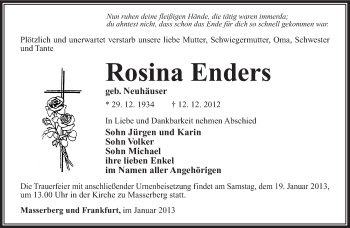 Traueranzeige von Rosina Enders von Südthüringer Presse