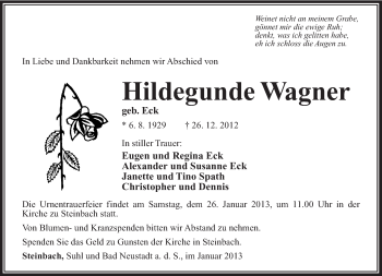 Traueranzeige von Hildegunde Wagner von Südthüringer Presse