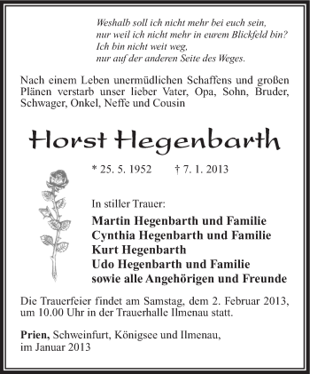 Traueranzeige von Horst Hegenbarth von Südthüringer Presse