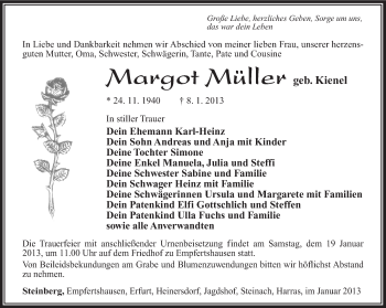 Traueranzeige von Margot Müller von Südthüringer Presse