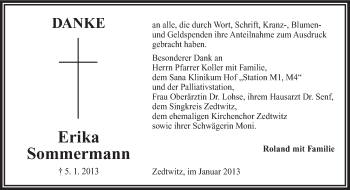Traueranzeige von Erika Sommermann von Frankenpost