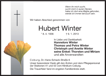 Traueranzeige von Hubert Winter von Neue Presse Coburg