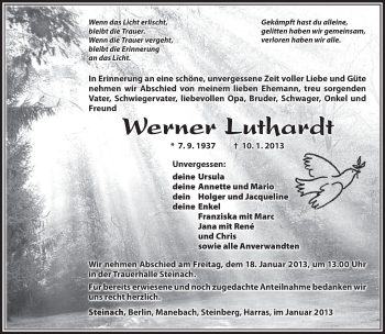 Traueranzeige von Werner Luthardt von Südthüringer Presse