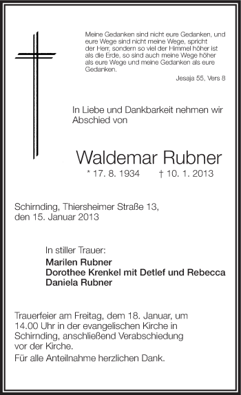 Traueranzeige von Waldemar Rubner von Frankenpost