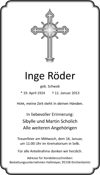 Traueranzeige von Inge Röder von Frankenpost