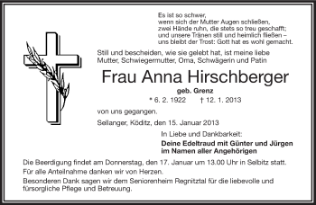 Traueranzeige von Anna Hirschberger von Frankenpost