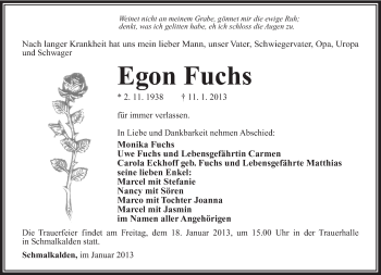Traueranzeige von Egon Fuchs von Südthüringer Presse