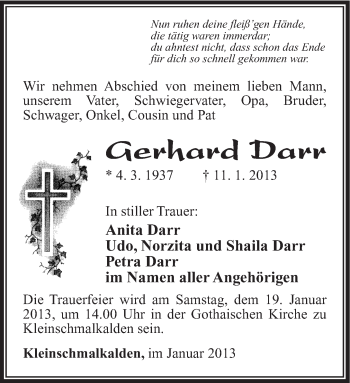 Traueranzeige von Gerhard Darr von Südthüringer Presse