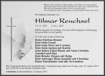 Traueranzeige von Hilmar Reuchsel von Südthüringer Presse
