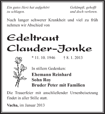 Traueranzeige von Edeltraut Clauder-Jonke von Südthüringer Presse