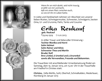 Traueranzeige von Erika Reukauf von Südthüringer Presse