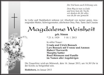 Traueranzeige von Magdalene Weisheit von Südthüringer Presse