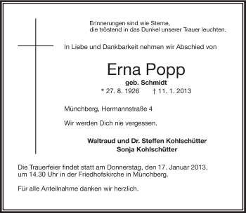 Traueranzeige von Erna Popp von Frankenpost