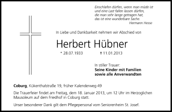Traueranzeige von Herbert Hübner von Neue Presse Coburg