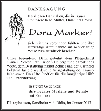 Traueranzeige von Dora Markert von Südthüringer Presse