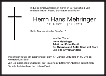 Traueranzeige von Hans Mehringer von Frankenpost