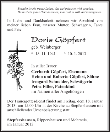 Traueranzeige von Doris Göpfert von Südthüringer Presse