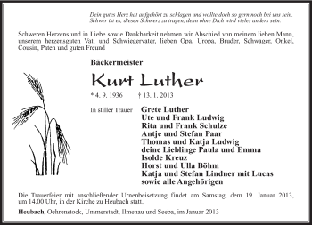 Traueranzeige von Kurt Luther von Südthüringer Presse