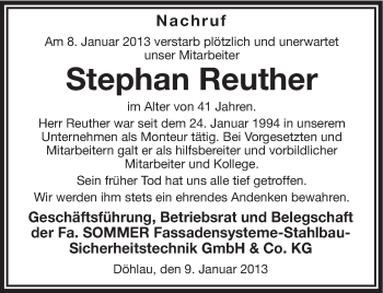 Traueranzeige von Stephan Reuther von Frankenpost