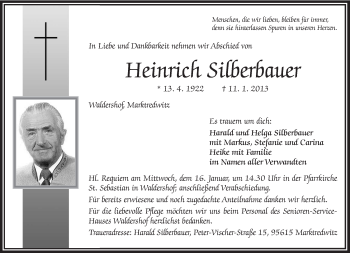 Traueranzeige von Heinrich Silberbauer von Frankenpost