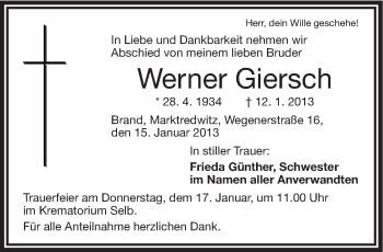 Traueranzeige von Werner Giersch von Frankenpost