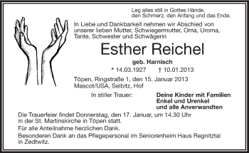 Traueranzeige von Esther Reichel von Frankenpost