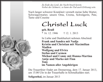 Traueranzeige von Christel Luck von Südthüringer Presse