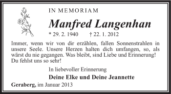 Traueranzeige von Manfred Langenhan von Südthüringer Presse