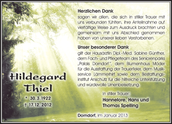 Traueranzeige von Hildegard Thiel von Südthüringer Presse